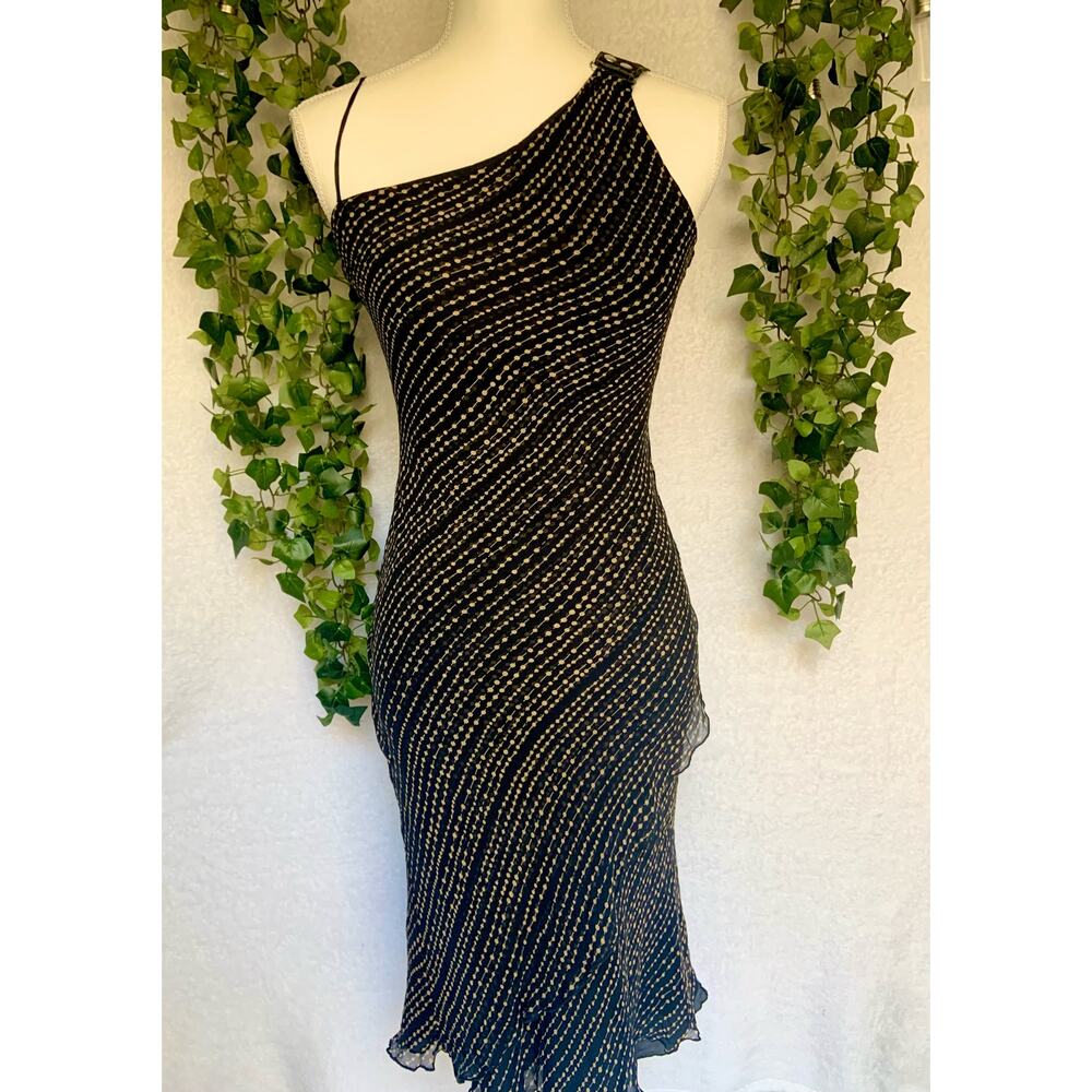 Poleci Dress Vintage Black & Gold 100% Silk & Leather Strap Midi Dress 8 Medium